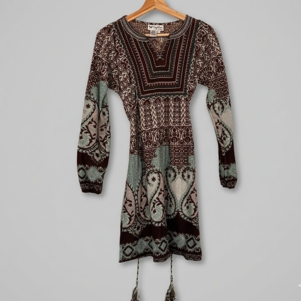 Papillon Boho Paisley Knit Mini Dress Brown Teal Embroidered V-Neck Small Boho
